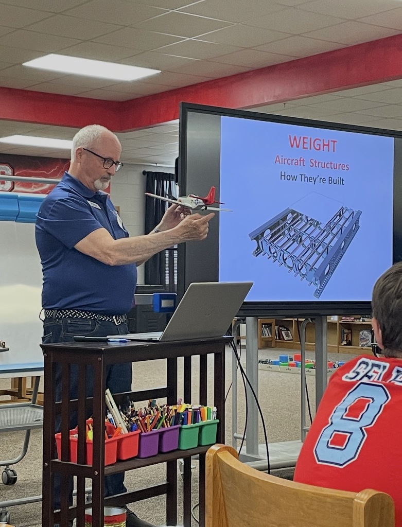 Presenter showing airplane.