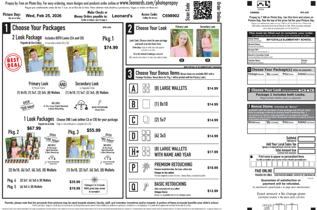 Order form for Sping pictures, 2/25/2026