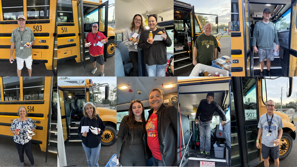 Collage of pictures with the Southside bus drivers holding their snacks and cards.
