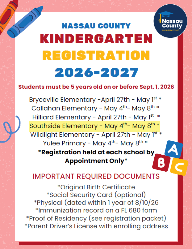 Kindergarten Registration dates for 2026-2027.  Southside Elementary May 4-May 8 2026.  by appointment only, scan the QR code.  