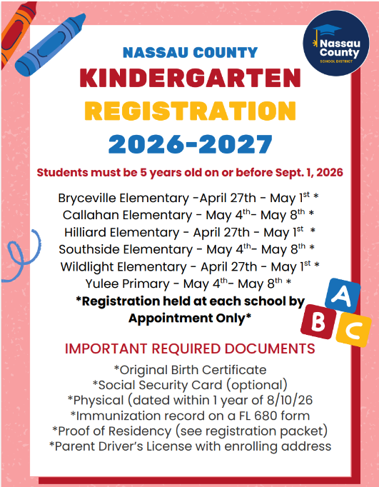 Kindergarten registration, 4/27 to 5/1. 