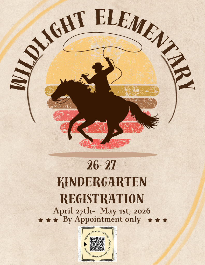 "Wildlight Elementary 26-27 Kindergarten Registration flyer. Features an illustration of a child riding a horse in a Western style. Text states: Registration is April 27th to May 1st, 2026, by appointment only. Includes a QR code for more information."