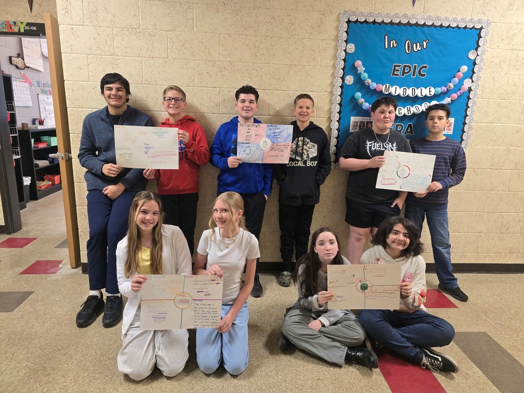 Students posing with poster assignment.