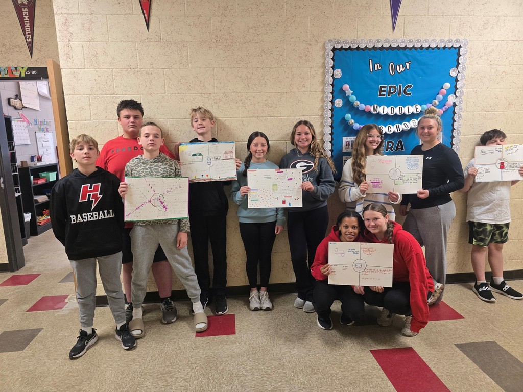 Students posing with poster assignment.