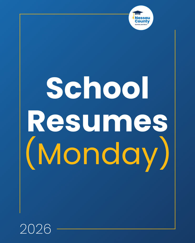Blue Nassau County School District graphic with the district logo and large white and gold text that reads “School Resumes Monday 2026,” framed by a thin gold border.