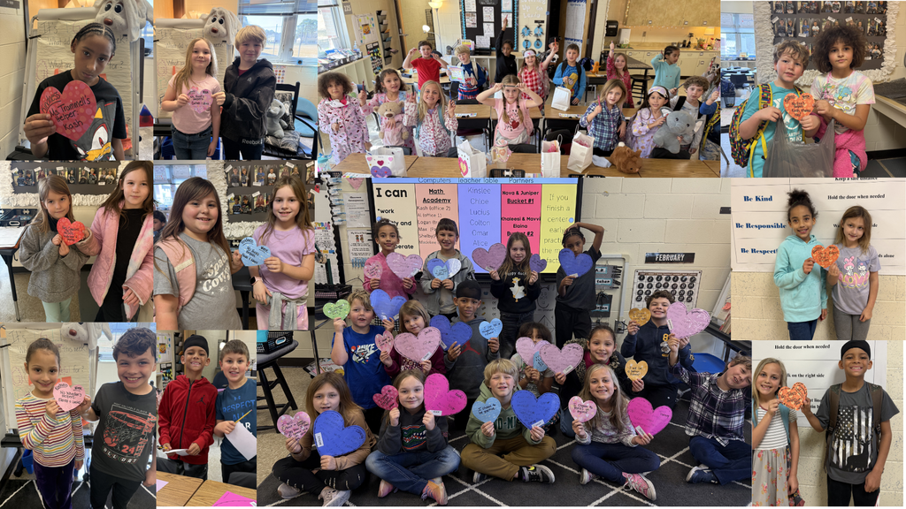 Collage of pictures. Includes students in Ms. Cacciapouti's class holding hearts with how they showed kindness around campus as well as a group picture where they hold hearts with words of kindness written by their classmates.