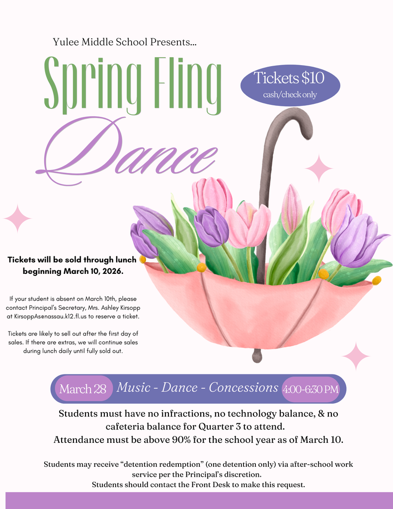 🌸 YMS Spring Fling Dance — March 28, 4:00–6:30 PM. Tickets are $10 and sold during lunch starting March 10. Students must meet behavior, attendance, and balance requirements to attend. Contact the school with accessibility or ticket questions.