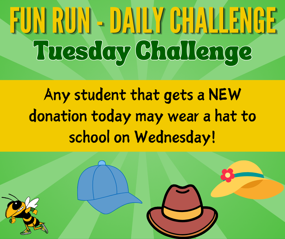 A green sunburst background with the header "FUN RUN - DAILY CHALLENGE Tuesday Challenge." A yellow central box reads: "Any student that gets a NEW donation today may wear a hat to school on Wednesday!" The bottom features a blue baseball cap, a red beanie, and a straw beach hat.