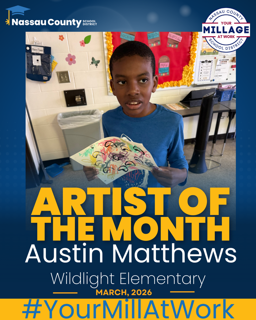 A portrait of Austin Matthews, a student at Wildlight Elementary, featured on a commemorative "Artist of the Month" graphic for March 2026. The image includes the Nassau County School District logo and the hashtag #YourMillAtWork.