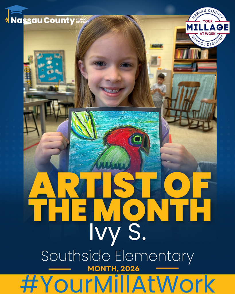 Student holding a picture of her oil pastel portrait of a Parrot. Picture has the Nassau County Schools frame celebrating her as Southside Elementary's Artist of the Month. 