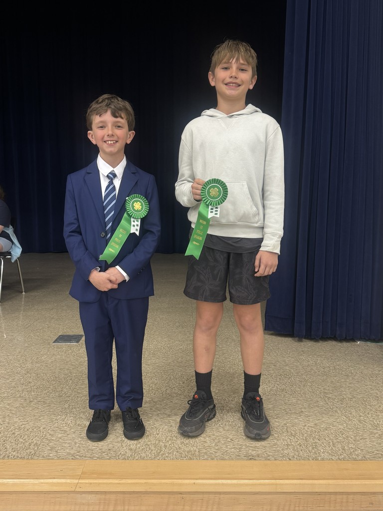 Two young students stand side-by-side on a school stage in front of dark blue curtains. Both are smiling and proudly holding green award ribbons. One student is wearing a blue suit, and the other is wearing a white sweatshirt and dark shorts.