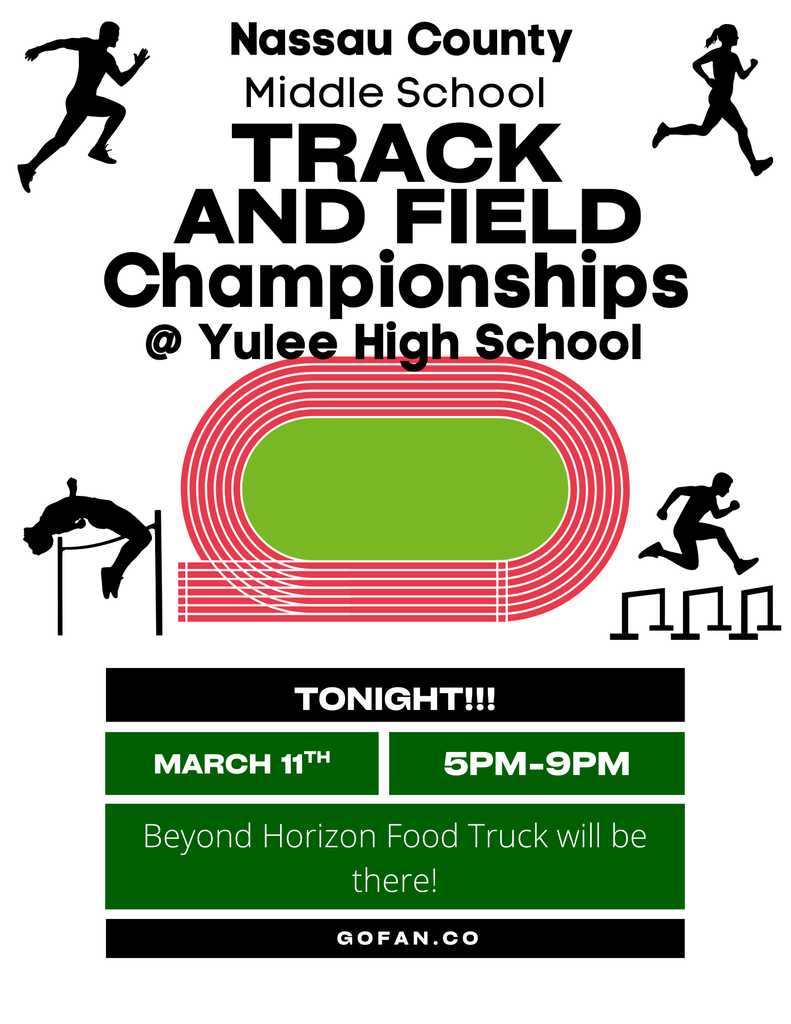 Poster announcing the track and field middle school championships for Nassau County. Silhouettes of track and field events and details about the time it starts, 5pm and that Beyond Horizons food truck will be there. 