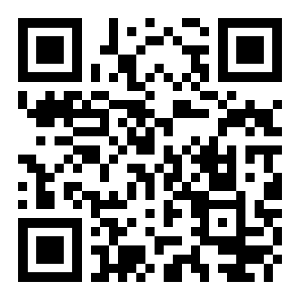 A black and white QR code with three distinctive squares in the corners, used for encoding data that can be read by a camera.
