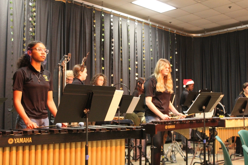 Students in the percussion section of the band stand on stage with their instruments in front of them, ready to play for a crowd. Black curtains are behind them with star decorations. 