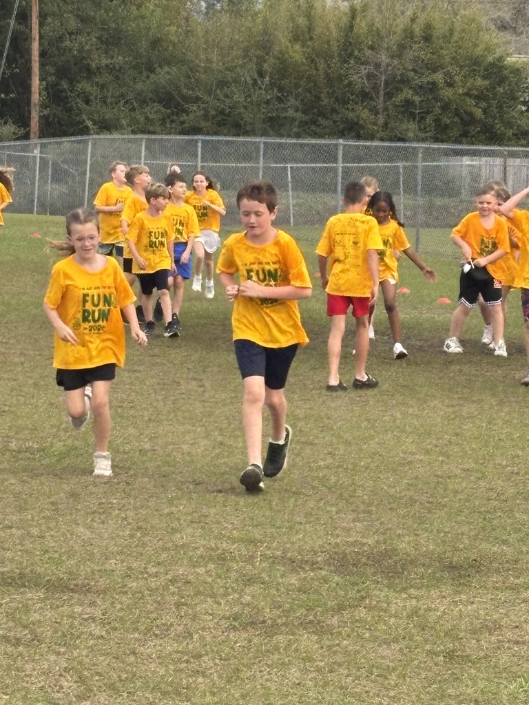 A group of elementary students in matching yellow Hornet t-shirts running across a grass field during a sunny outdoor school fundraiser.