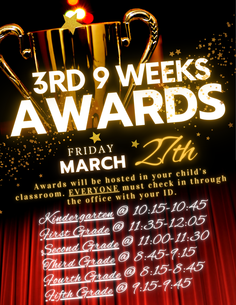 Poster for the 3rd 9 Weeks Awards at Wildlight Elementary, held on Friday, March 27th. The graphic features a gold trophy and stars against a black and gold background. It lists the award times for each grade: Kindergarten at 10:15, 1st Grade at 11:35, 2nd Grade at 11:00, 3rd Grade at 8:45, 4th Grade at 8:15, and 5th Grade at 9:15. It notes that all visitors must check in through the office with an ID.