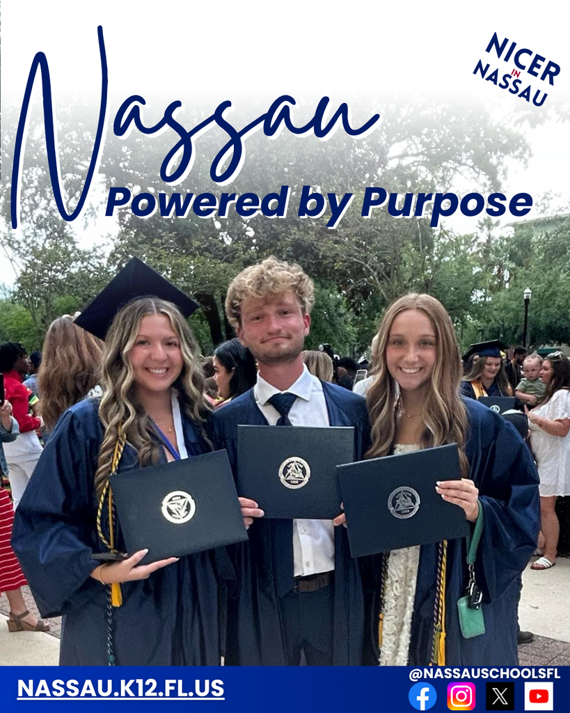 Three graduates in navy caps and gowns stand outdoors smiling and holding their diplomas, surrounded by classmates and trees. Text overlay reads “Nassau Powered by Purpose” with “Nicer in Nassau” branding and the district website and social media icons displayed at the bottom.