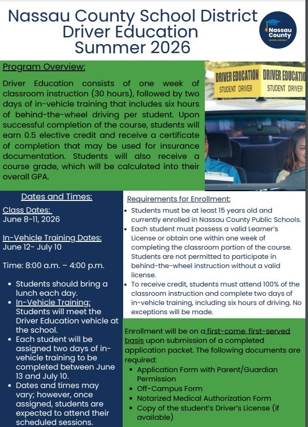 Flyer for the Nassau County School District Driver Education Summer 2026 program, outlining class dates, enrollment requirements, and necessary documentation.