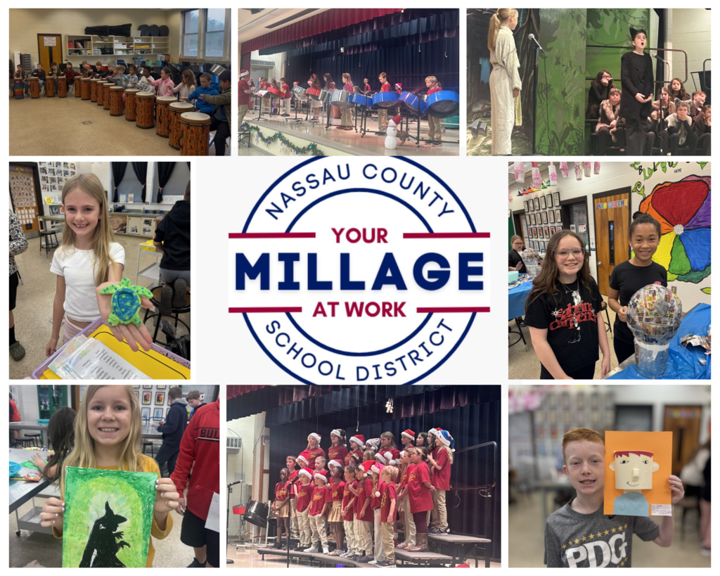 A collage highlighting the chorus program, the art program, the Baillie’s Players, and the Steel Band program at Callahan Intermediate. 