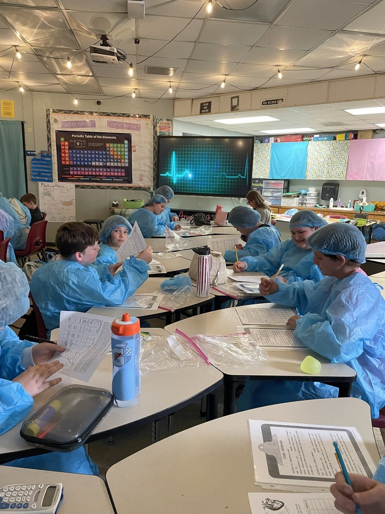 Students dressed in hospital scurbs working at their desk.