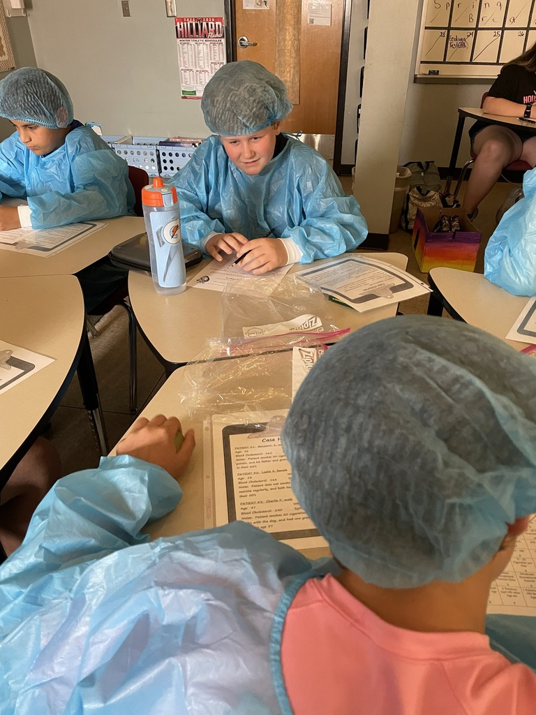Students dressed in hospital scurbs working at their desk.