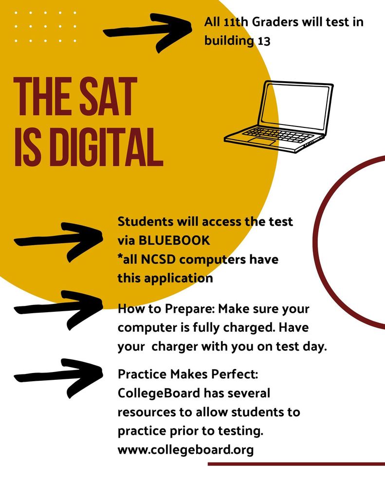 An informational flyer for the WNHS SAT testing day. The top left features a school logo of a Native American profile with two feathers, circled in gold.  Key Event Details:  Date: Thursday, April 9th.  Check-in: 8:40 AM in Building 13.  Requirements and Notes:  Technology: Computers must be fully charged; students should bring their own chargers.  Materials: Students must bring their own calculator.  Participants: All 11th graders (juniors) will take the test.  Early Dismissal: Juniors may leave campus after testing if they provide a parent note.  Deadline: Parent notes for dismissal must be submitted to Attendance by April 7th.