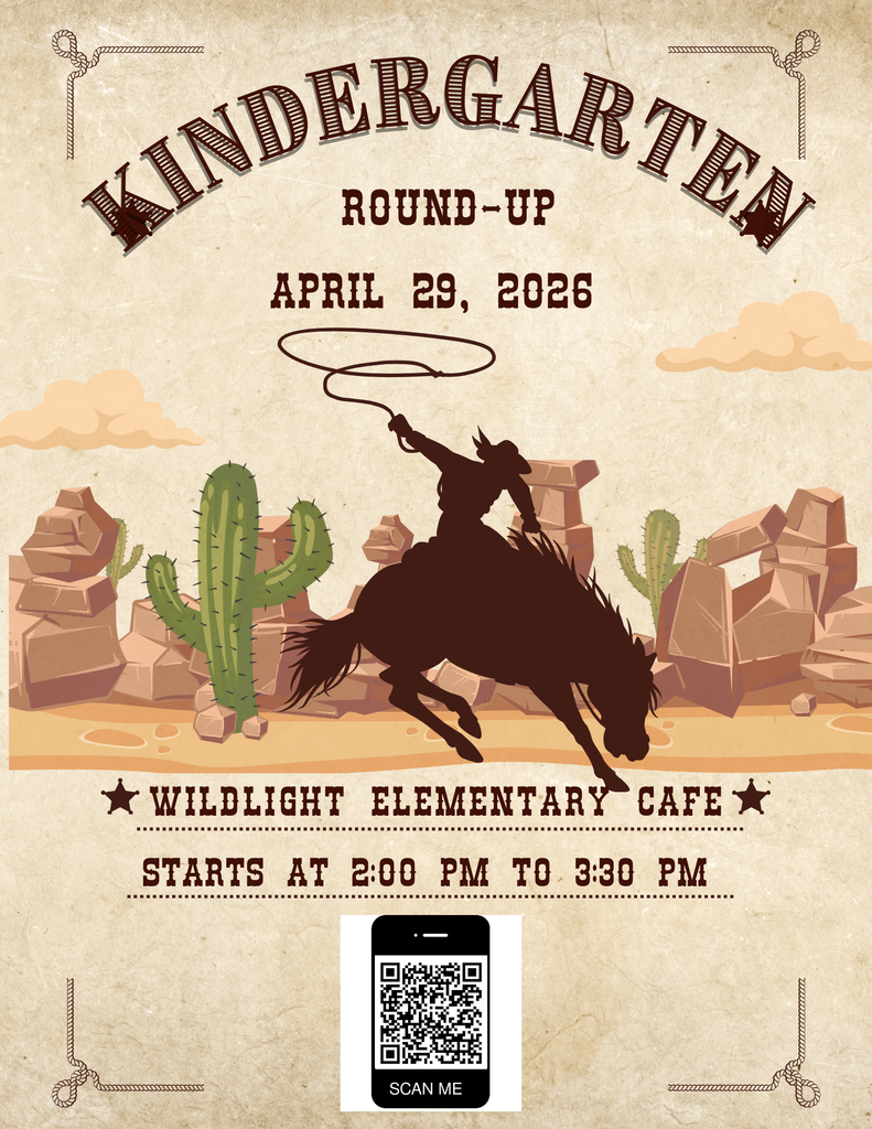 Poster for "Kindergarten Round-Up" at Wildlight Elementary Cafe on April 29, 2026, from 2:00 PM to 3:30 PM. The design features a Western theme with a silhouette of a person riding a bucking bronco in a desert landscape with cacti and mesas. A QR code is included at the bottom for more information.