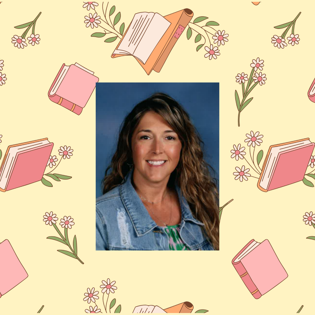 Decorative picture frame with flowers and books.  Inside the frame is a picture of Ms. Hodges.