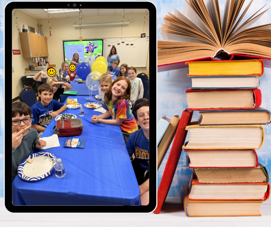 A picture of several students attending a special lunch with the librarian and Principals.  The table is decorated in blue and gold.  