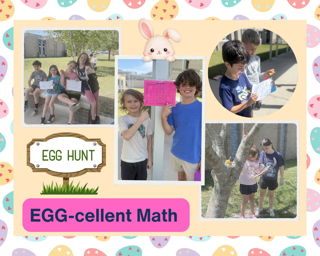 The image shows 4 different pictures of students participating in an outside learning activity.  Easter eggs are hidden on the ground and in trees.  Students are working in pairs to complete math problems that are in the eggs.  Answer keys are hanging on the sidewalk poles.  
