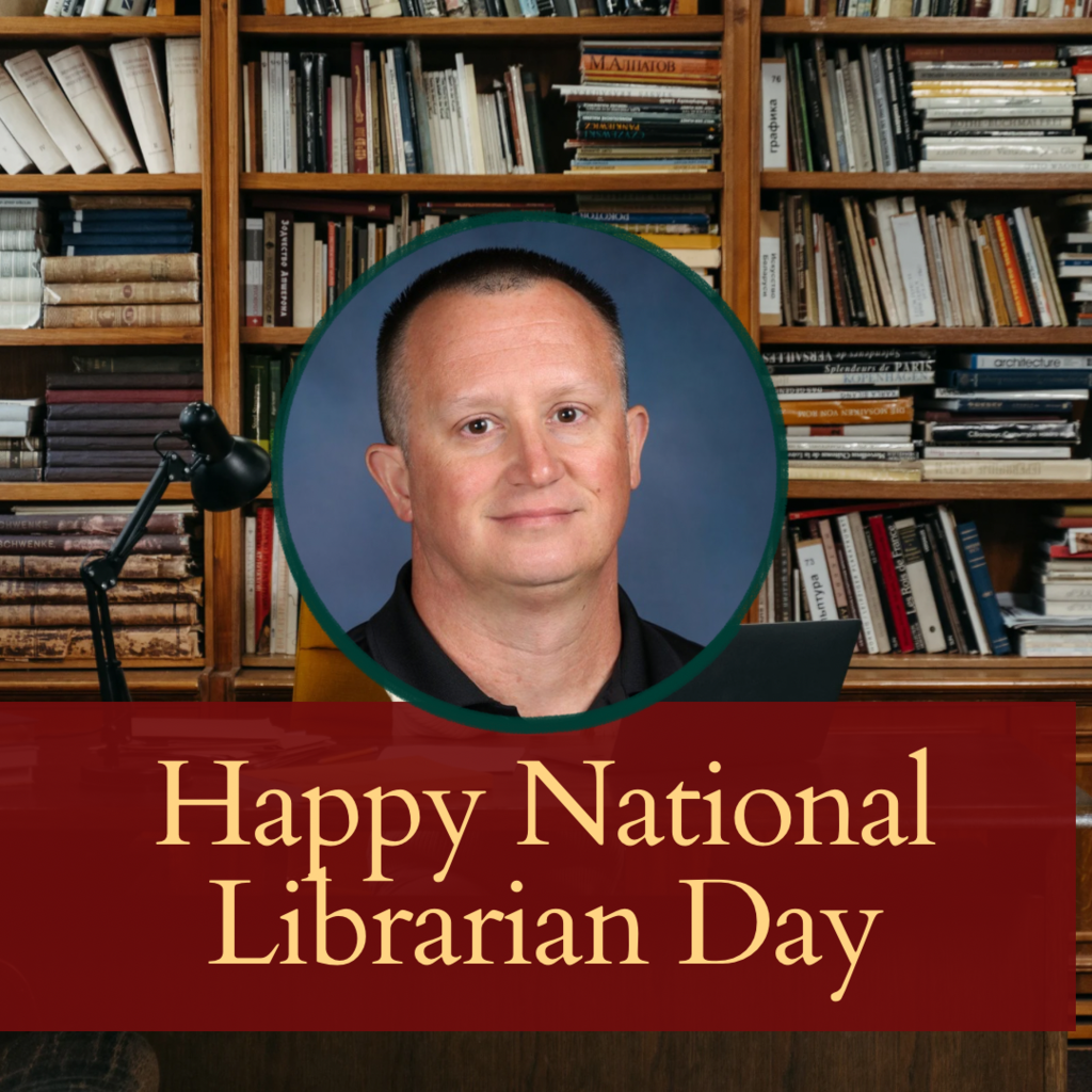 Picture of school librarian with background of books