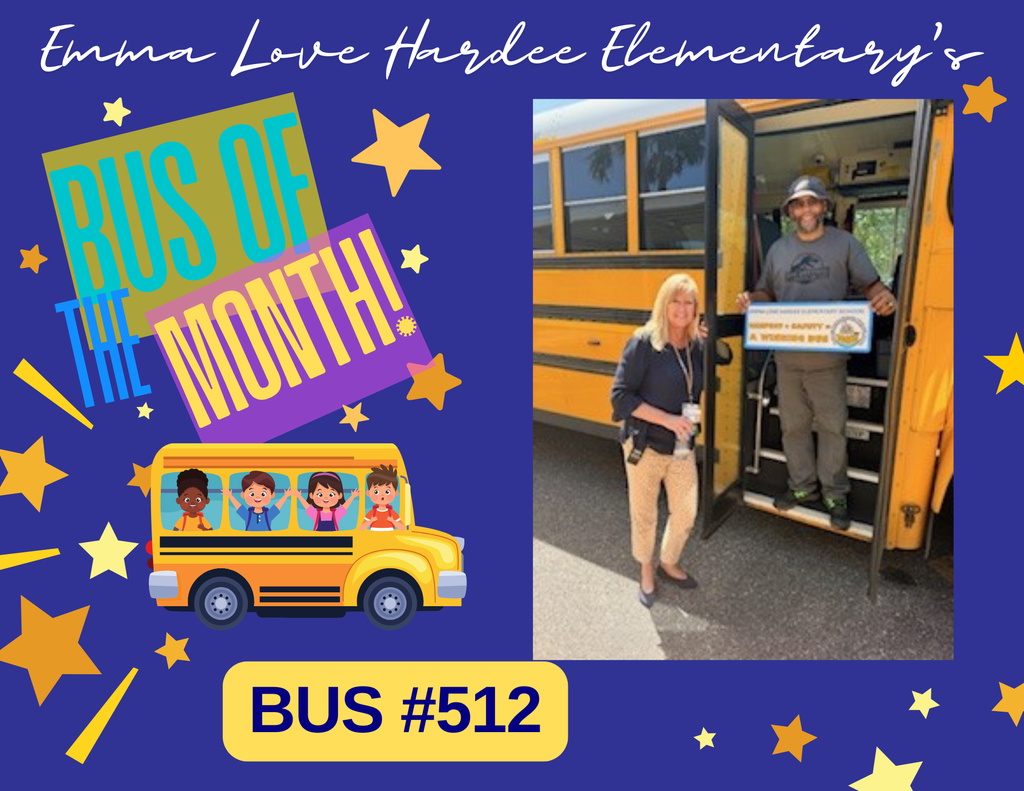 The image is of a yellow bus with the driver holding a sign that says bus of the month.  The principal is standing beside the driver.  The bus number is 512. 