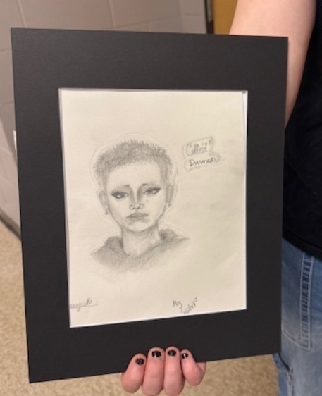 Pencil drawing of a student with short hair from the neck up. 