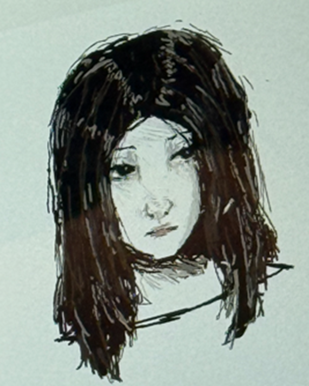 Close up digital drawing of a young lady with long black hair looking off to the side. 