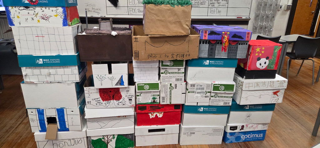 Painted boxes done by students.