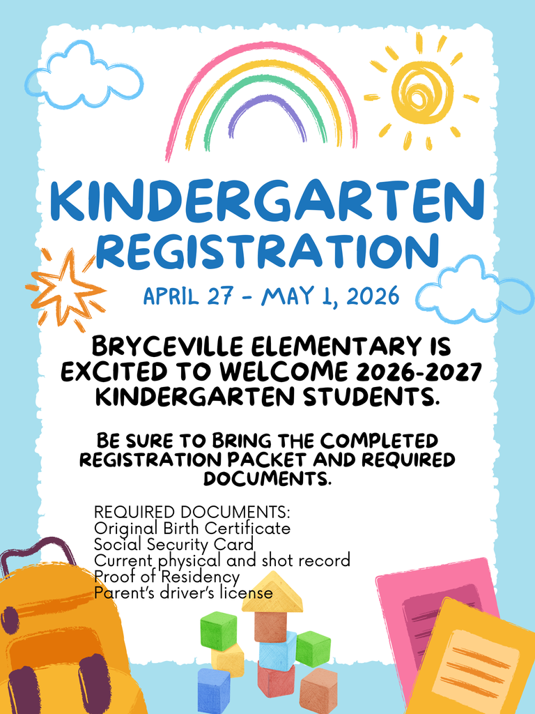 Kindergarten registration, 4/27 to 5/1.  