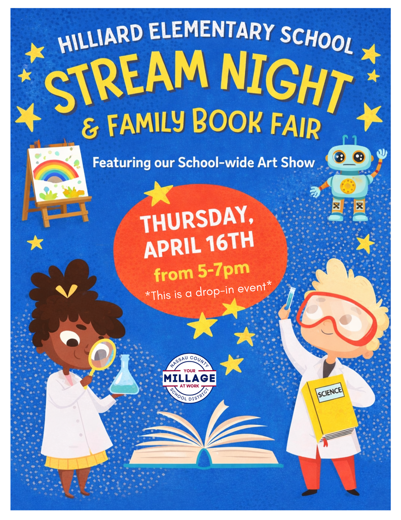 STREAM Night parent night flyer image- Join us on April 16th from 5-7pm at Hilliard Elementary School