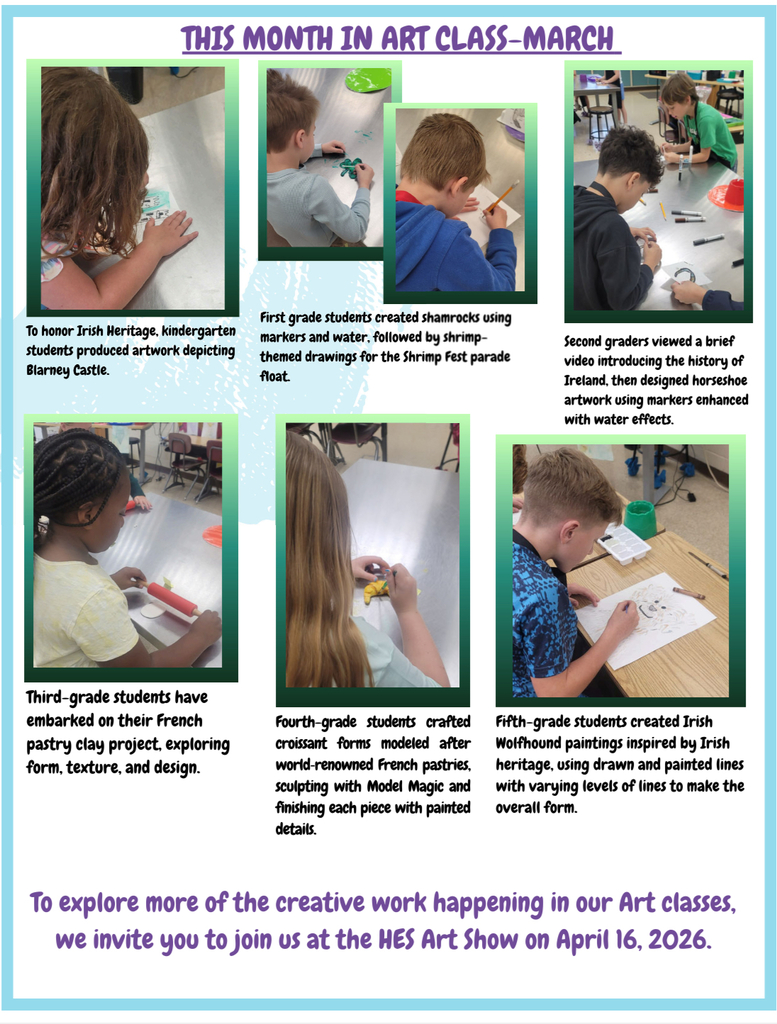Pictures of students in each grade level creating their March art projects