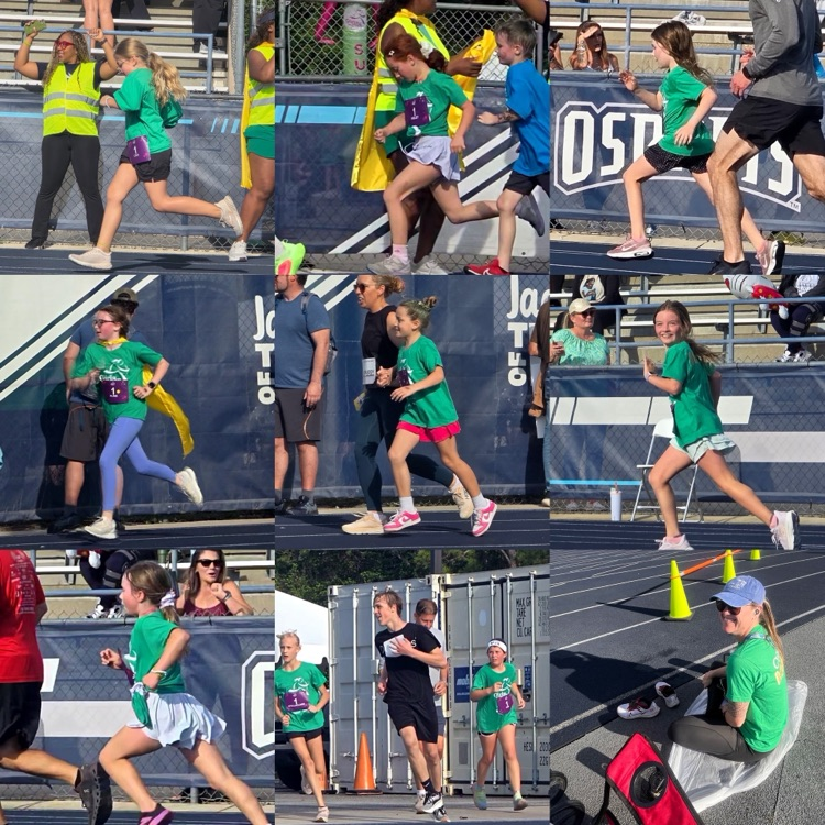 picture collage of several young girls in green Girls on the Run t-shirts running toward the finish line during a 5k race  