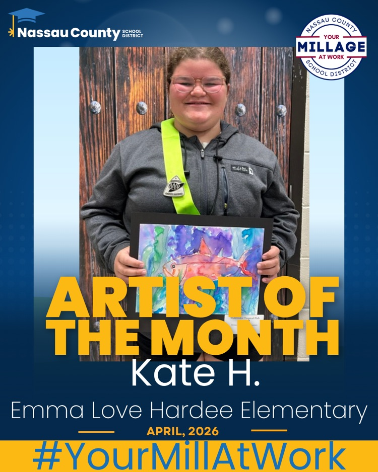 Emma Love Hardee Artist of the Month frame. Inside is a picture of a smiling girl named Kate. She is wearing a grey jacket and a safety patrol belt. Under the frame it has the hashtag Your Mill at Work