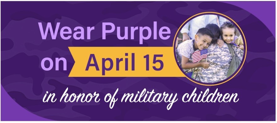 Purple camo background with a photo of a military mother hugging her two children, both hold little American flags. It reads, "Wear Purple on April 15 in honor of military children."