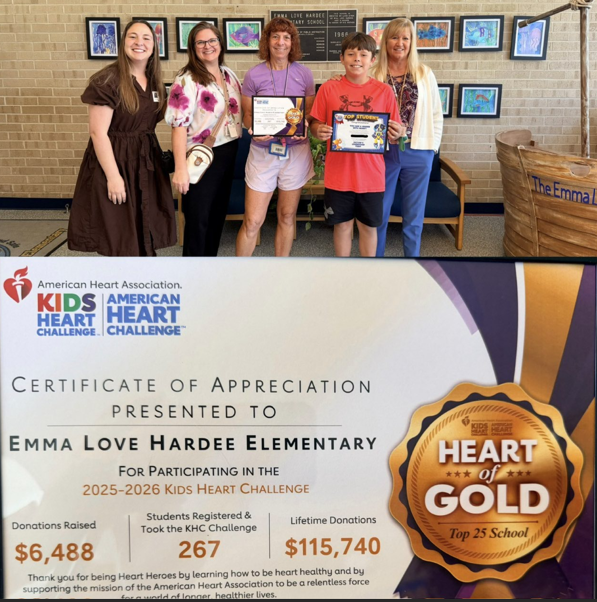 picture of ELH administrators, american heart representative and an ELH student in the front office of ELH.  In the bottom of the image it has the certificate showing ELH as receiving the "Heart of Gold" award.  ELH was one of the top 25 schools. 
