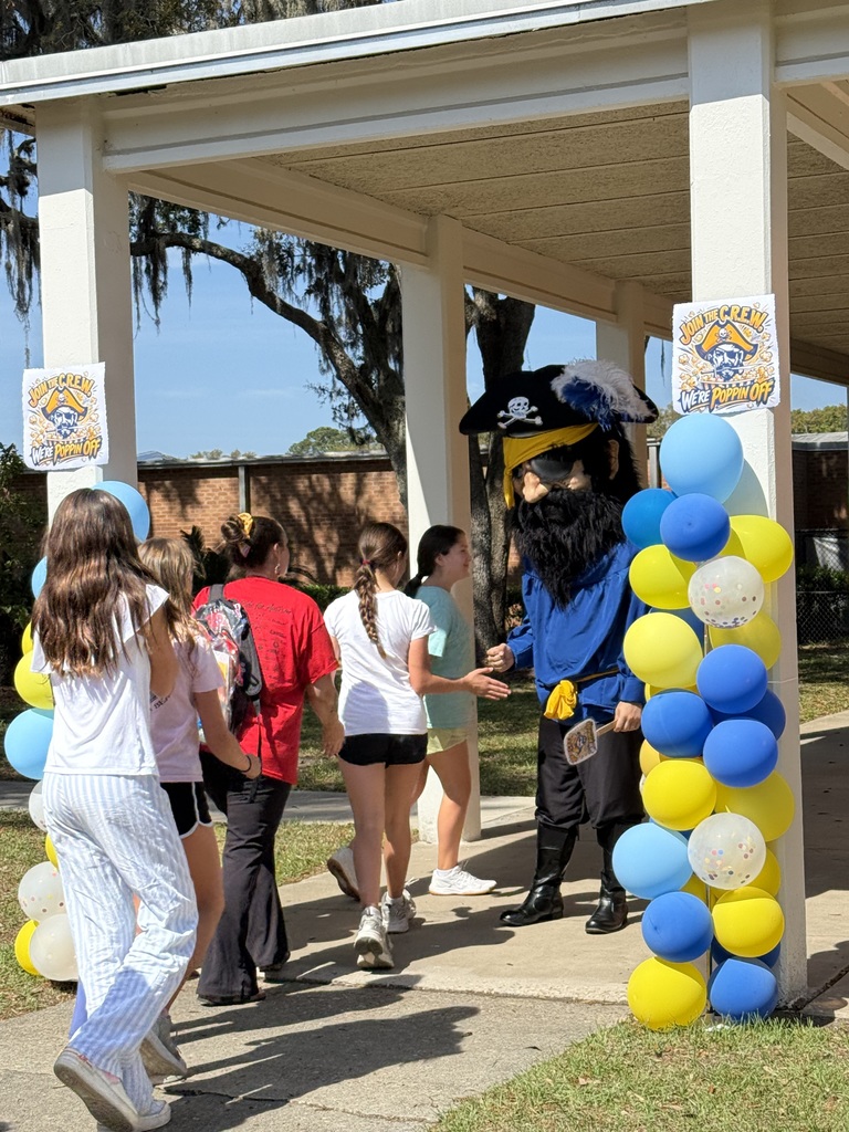 Picture of students shaking hands with a pirate mascot