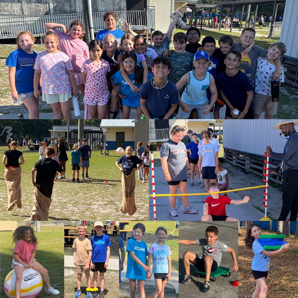 A class gathers together for a group photo, capturing a special moment. Several students hop their way through a sack race, full of energy and excitement. Three students bend low as they take turns in a limbo challenge. Two boys work together in a three-legged race, staying in step as they move forward. Nearby, two girls stand side by side, smiling for the camera. One student focuses on carrying blocks, while another bounces along on a large ball, adding to the fun-filled Field Day activities.