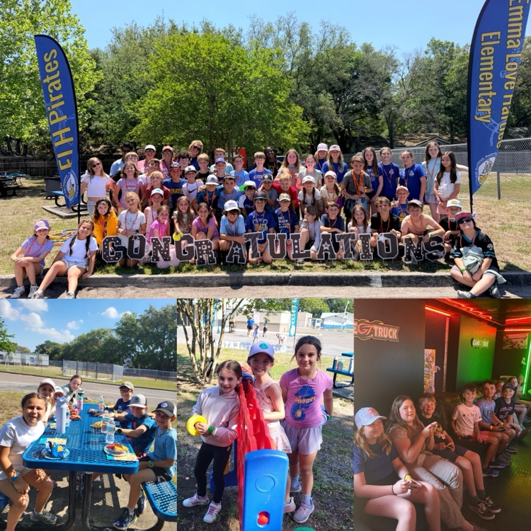 the top picture is a group picture of 3rd-5th grade students smiling. The word Congratulations is in front of them. There are 2 blue and gold Emma Love Pirates flags. There are smaller pictures of students playing and eating 