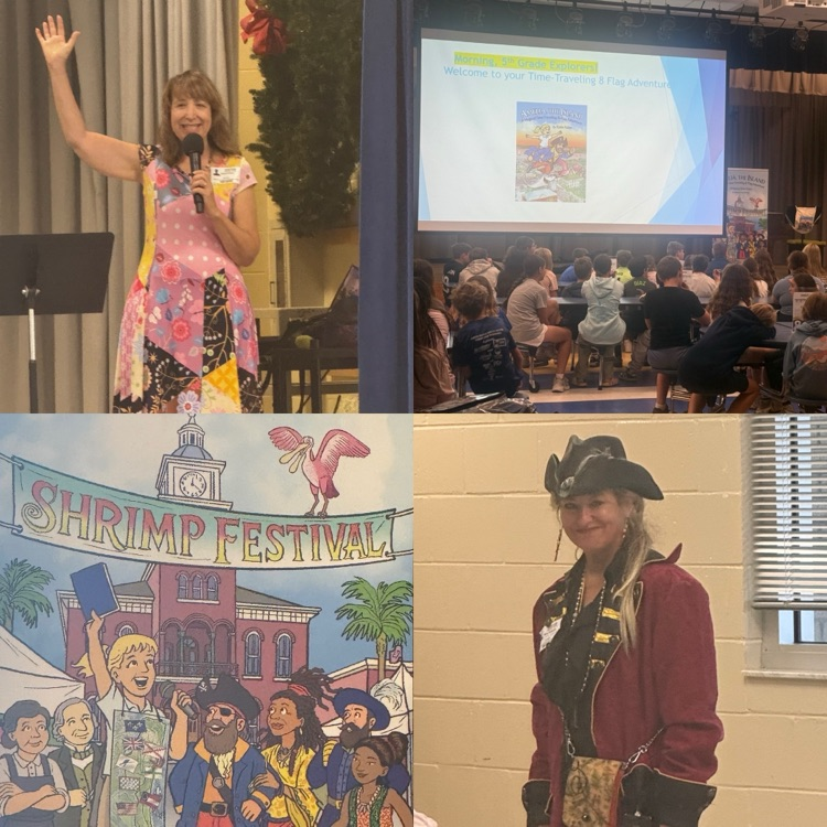photo collage of Author Robin Pullen, a copy of her book, a woman dressed as a pirate, and a picture of the school assembly showing students listening to the presentation  