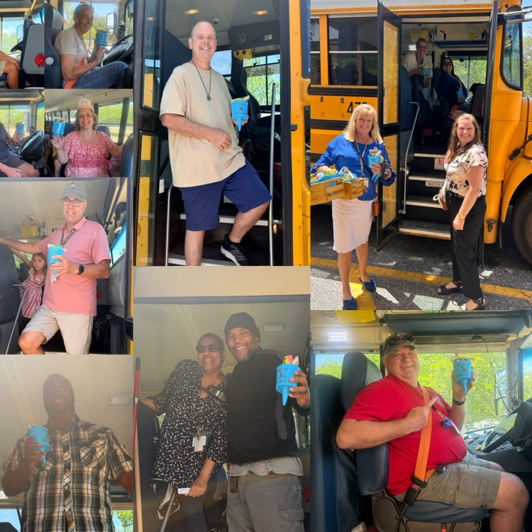 photo collage of several bus drivers posing with a gift. the gift is a small cup with popcorn and candy inside.  the cup has Fin-tastic crew on it.