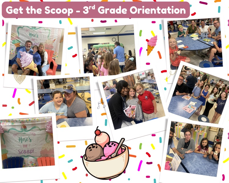 Photo collage with ice cream decorations. Pictures show several families, smiling, and enjoying ice cream.  