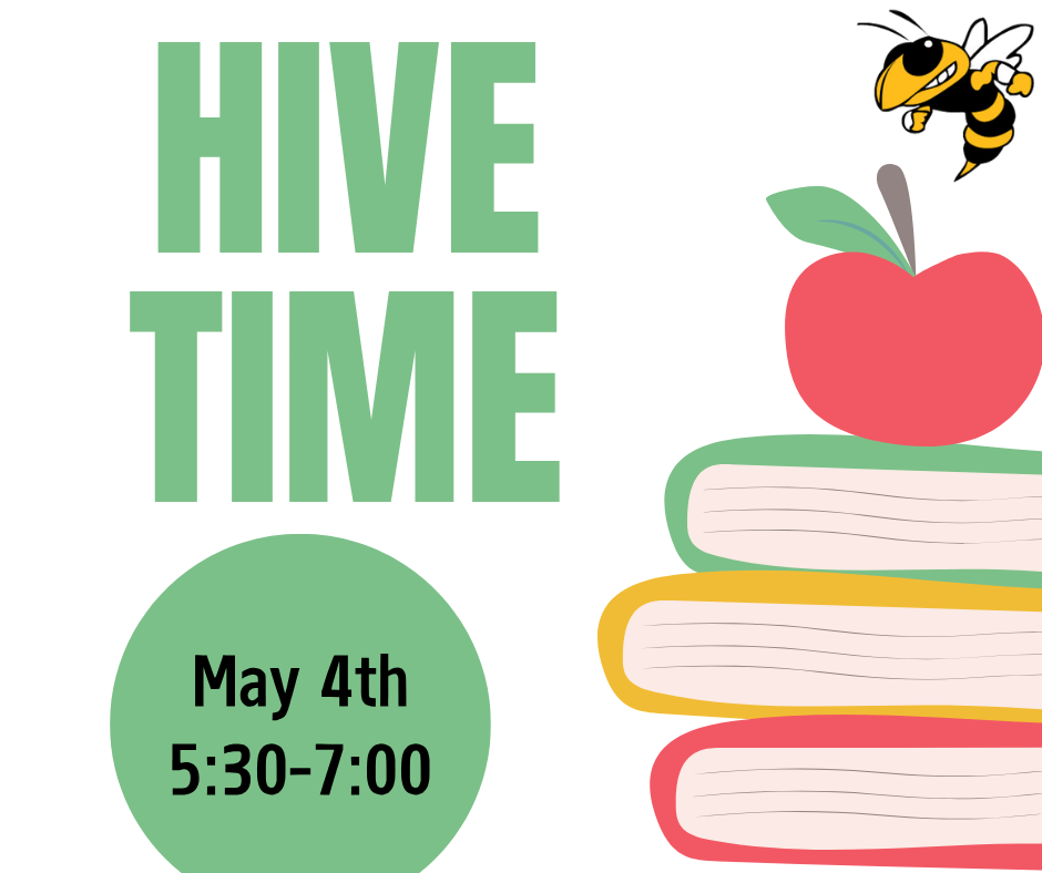 A graphic design titled "HIVE TIME" in large green block letters. On the right, there is a stylized illustration of a stack of four books in yellow, green, and pink, topped with a large red apple. A small cartoon bee flies near the top. In the bottom left, a green circle contains the event details: "May 4th, 5:30-7:00."