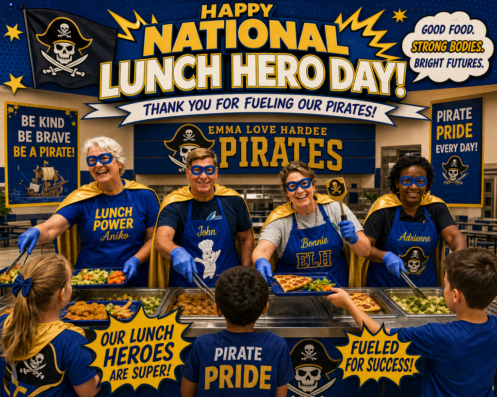 The AI‑generated picture shows the cafeteria staff wearing superhero capes and masks. They are serving lunch to students, and ELH spirit décor and Pirate Pride decorations are displayed throughout the scene.